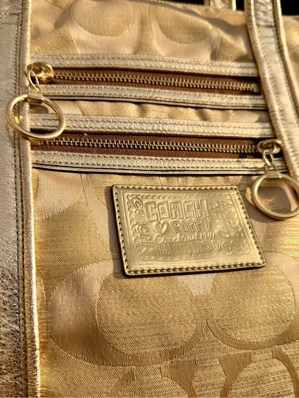 COACH Poppy Glam Tote in Metallic Gold Monogram Jacquard Pattern. - Picture 7 of 13